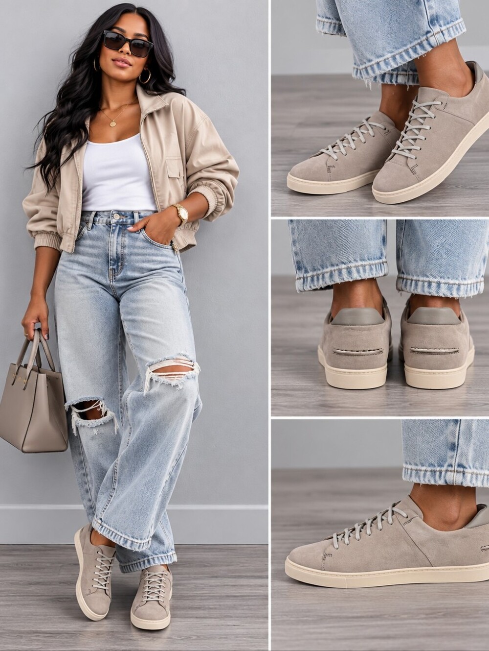 Women's Genuine Suede Lace-Up Sneakers - Light Taupe